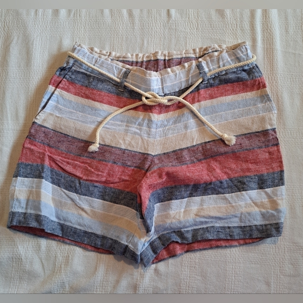 J.Jill women's size Small linen shorts multi color stripe, 2 pockets, EUC